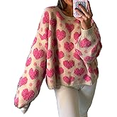 Women Heart Print Knit Sweater Valentine’s Day Love Heart Pullover Sweater Oversized Long Sleeve Jumper Top