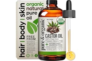 Organic Castor Oil - 100% Pure, Cold-Pressed, Hexane-Free, Unrefined & Unscented - For Hair, Eyelashes, Eyebrows, Skin, Body,