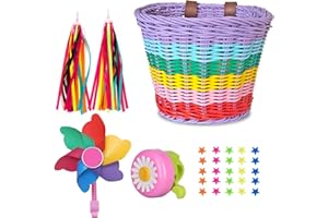 BOLTIGEN Bicycle Basket for Girls, Adjustable Front Handlebar Bike Basket with Bike Streamers Set Bell/Bicycle Windmill/Bicycle Wheel Beads DIY Bike Decoration Accessories Kit Scooter Basket