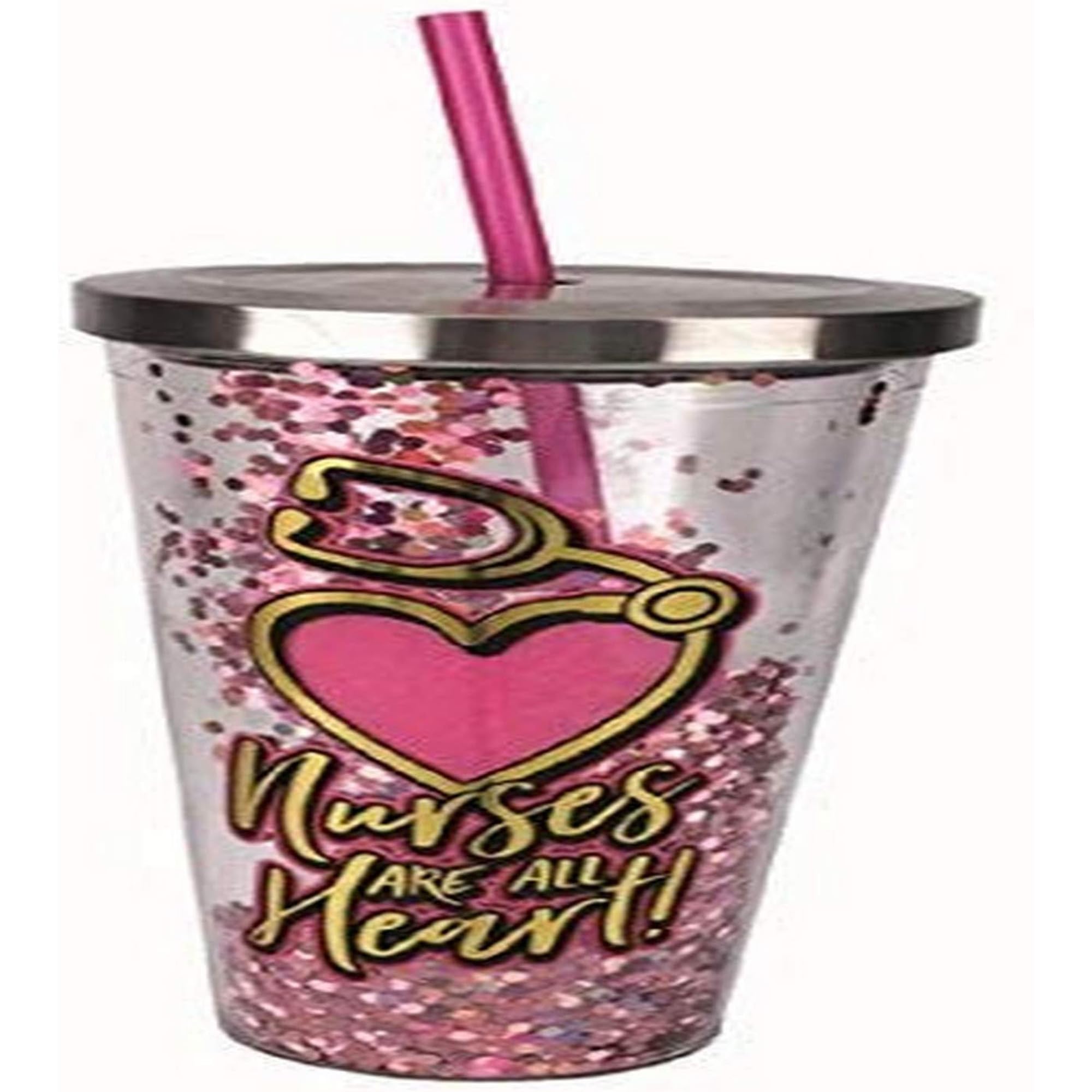 Spoontiques - Glitter Filled Acrylic Tumbler - Glitter Cup with Straw - 20 oz - Stainless Steel Locking Lid with Straw - Double Wall Insulated - BPA Free - Nurses - Pink