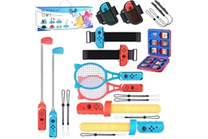 ORITIKUR Switch Sports Accessories Bundle - 13 in 1 Family Pack with Tennis Rackets, Adjustable Golf Clubs, Chambara Swords, Soccer Leg Straps, Wrist Band, Joycon Strap, Game Case for Switch & OLED