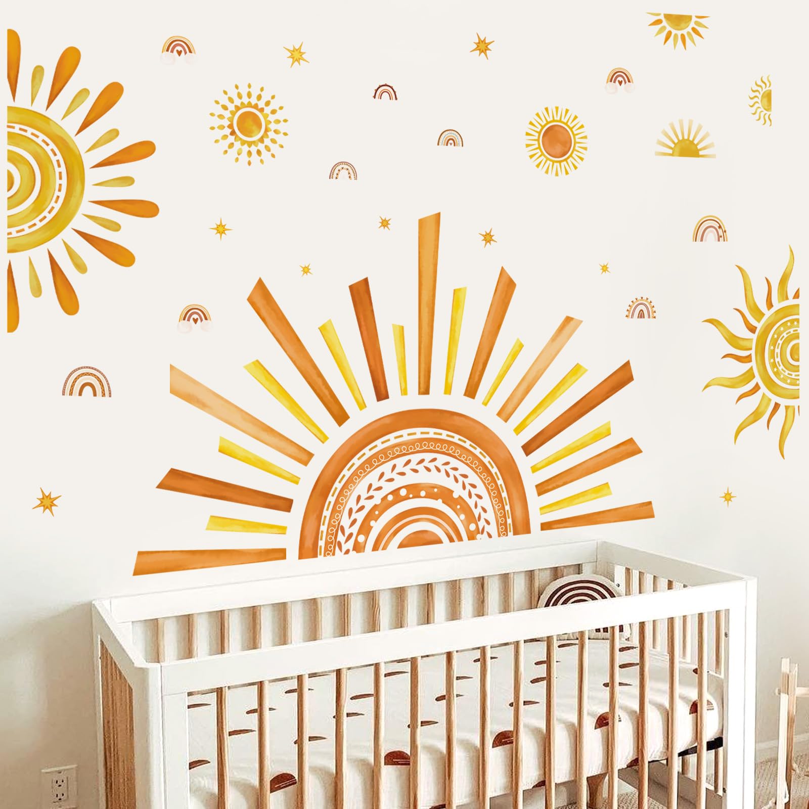 decalmile Boho Sun Wall Decals Half Sun Watercolor Rainbow Wall Stickers Baby Nursery Girls Bedroom Living Room Wall Decor