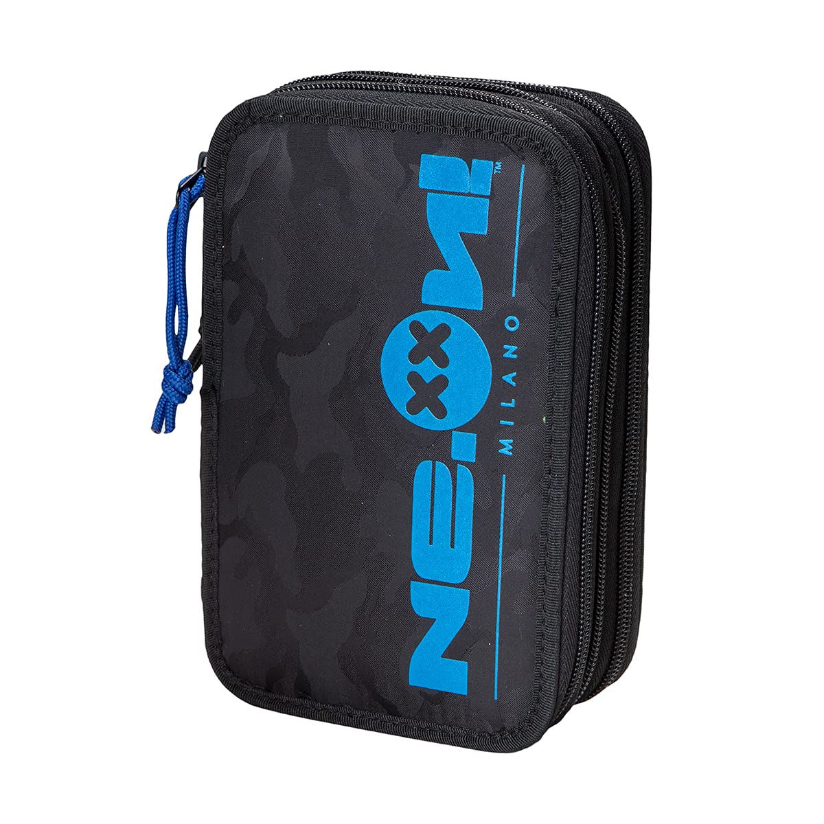 NE.ON! Camouflage 3-Zip School Pencil Case, 20 x 13 x 7 cm, Eco-Friendly Polyester Rpet Pencil Case, Pencil Case for School with 3 Zips, Pencil Case with Kit, Coloured Lining (Black/Blue)