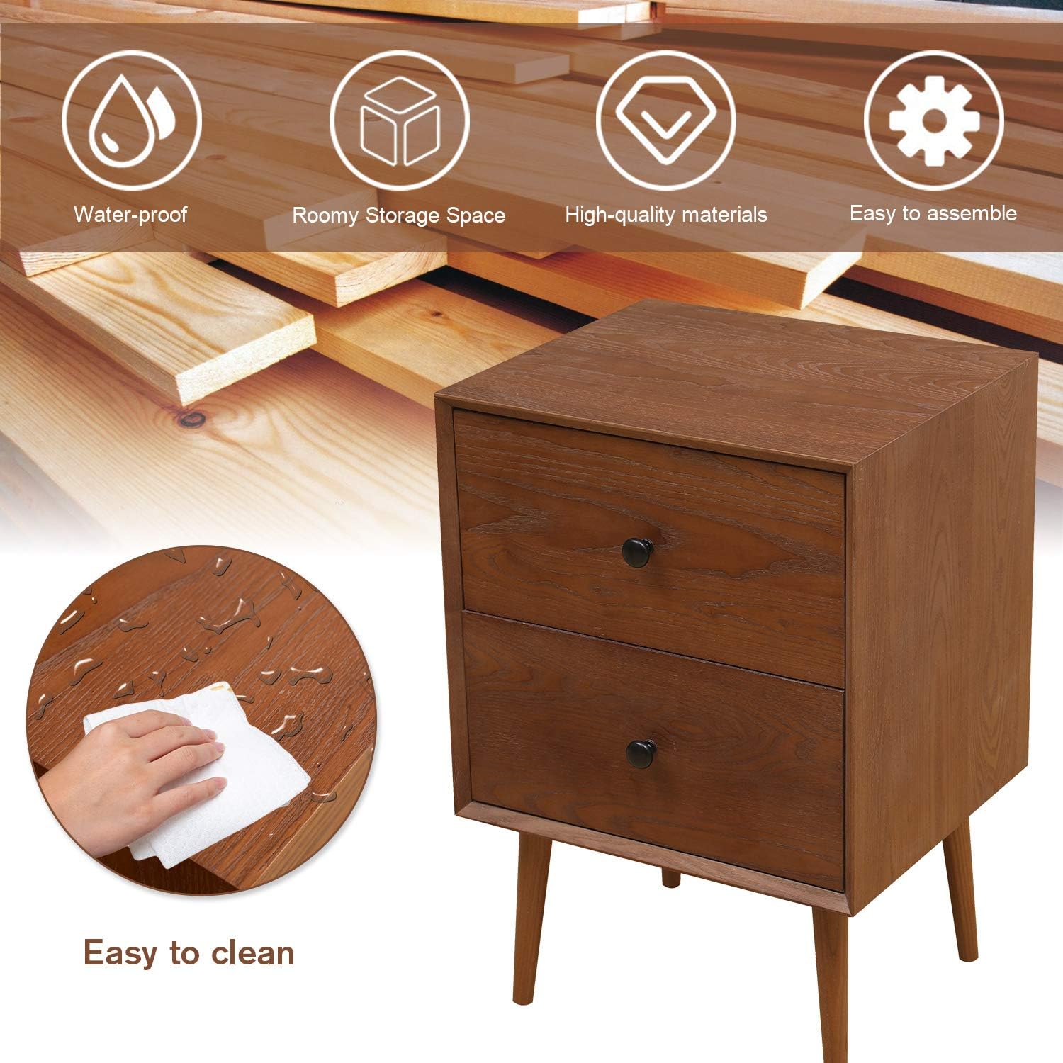 MOOSENG Modern Nightstand Wood Cabinet Bedside Table with 2 Drawers Night Stand End Desk Dresser for Bedroom, Living Room, Study, Brown: Furniture & Decor
