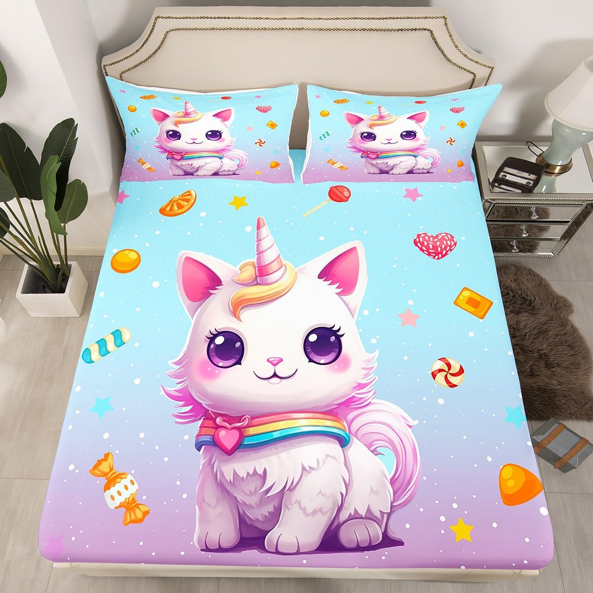 Unicorn Cat Fitted Sheet Single Size, Cartoon Stars Candy Bed Cover with 1 Pillowcase, Kawaii Unicorn Bedding Set 2pcs for Kids Girls Adults Room Decor, Soft Polyester Bedding