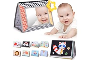 Aolso Tummy Time Mirror Baby Toys, High Contrast Crinkle Cloth Book with Teether for 0 3 6 Months Babies Boys Girls, Montessori Newborn Sensory Toys Activity Book for Shower Gifts
