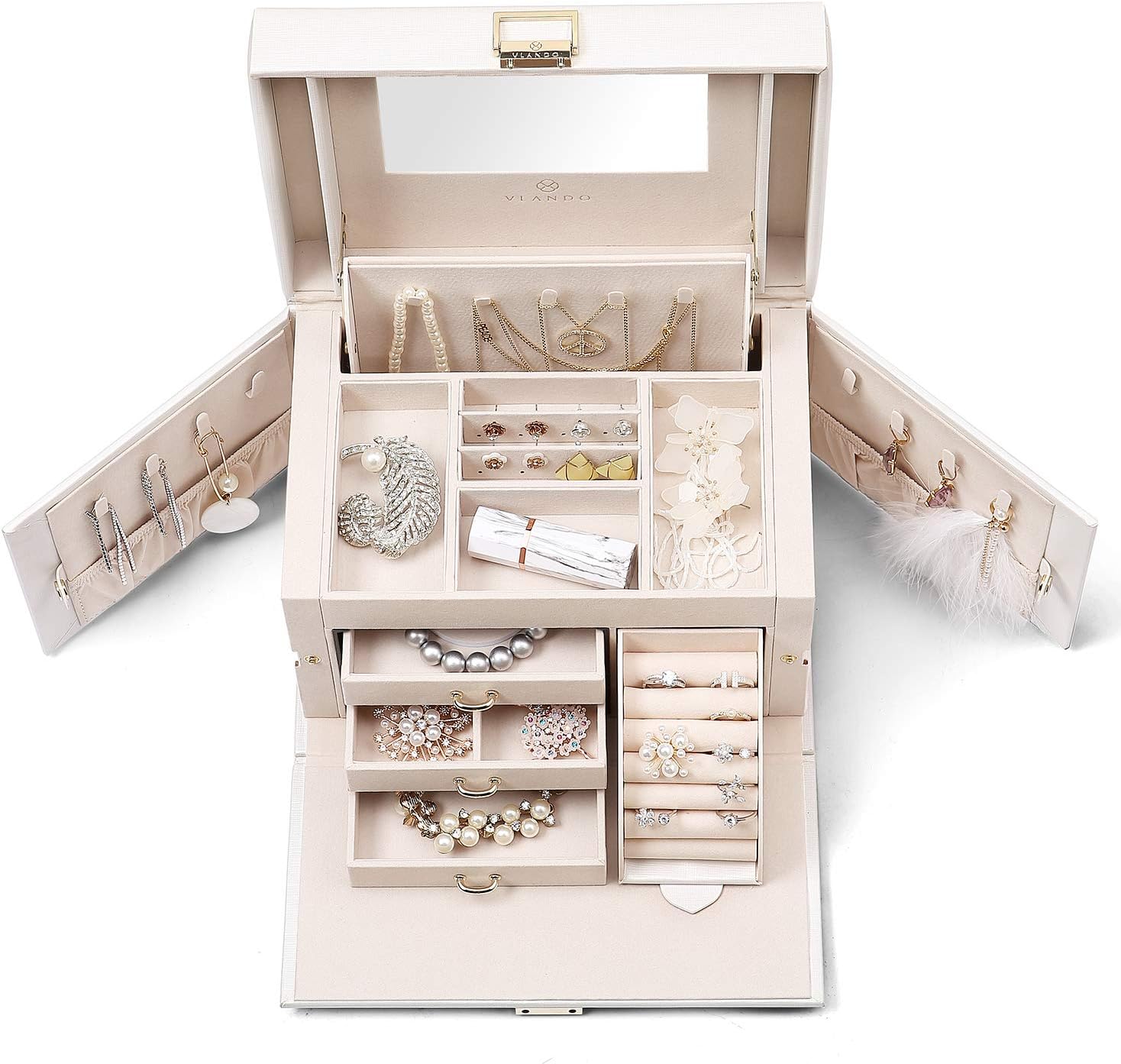 Vlando Faux Leather Jewelry Box Organizer, 6 Colors Available, Vintage Gift Case (White): Home & Kitchen
