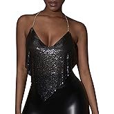 Sexy Metallic Chain Top for Women - Sequin Rhinestone Backless Crop Outfit Sparkly EDM Party Club Night Tank Shirt