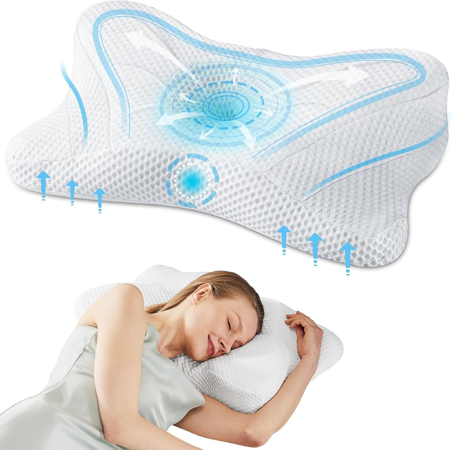 Sweetcrispy Cervical Pillow for Neck and Shoulder – Ergonomic Memory Foam Pillows, Contour Side Sleeper for Adults, Cooling Orthopedic Neck Support for Back Stomach Sleepers, King Size, White
