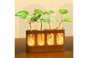 Giunn Plant Propagation Station with 9-Speed Adjustable LED Lights, Wooden Stand, 4 Glass Test Tubes for Hydroponic Plants, Unique Gift for Plant Lovers