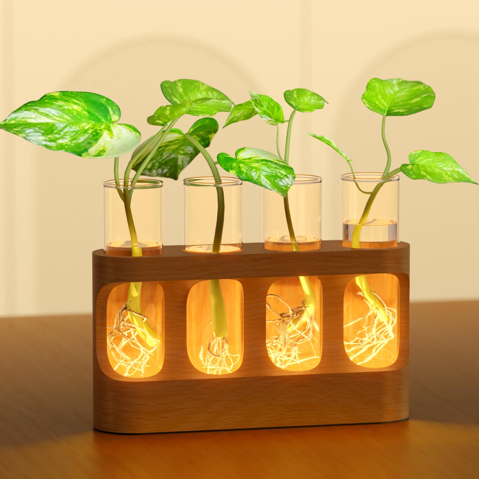 Photo 1 of Giunn Plant Propagation Station with 9-Speed Adjustable LED Lights, Wooden Stand, 4 Glass Test Tubes for Hydroponic Plants, Unique Gift for Plant Lovers