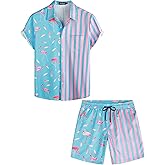 VATPAVE Mens Flamingo Hawaiian Sets Casual Short Sleeve Button Down Shirts Beach Outfits