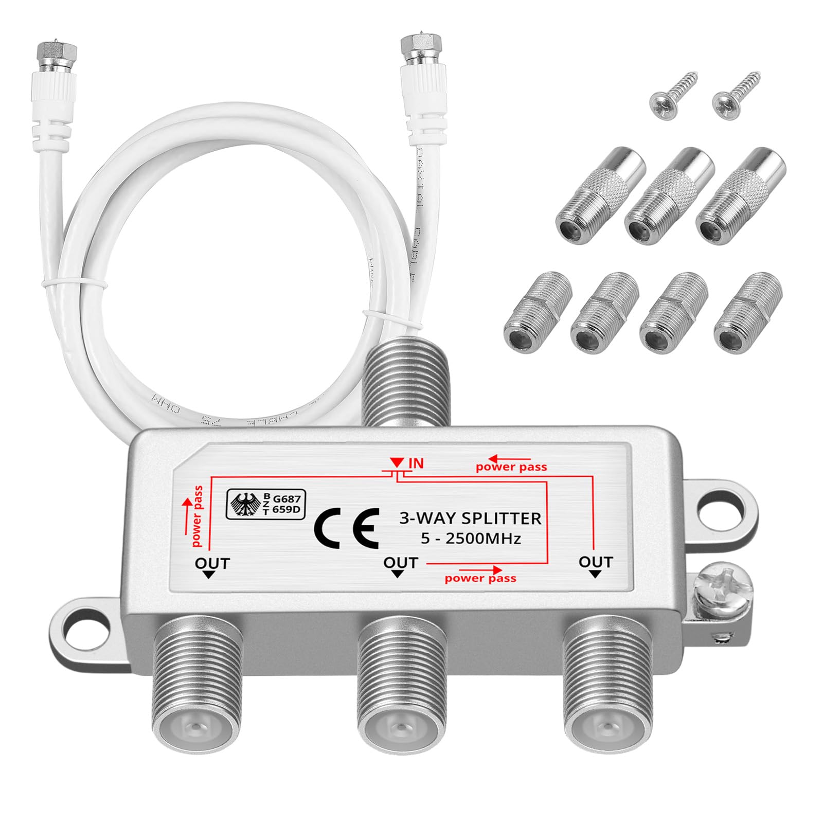 Neoteck 3 Way Sky Cable Splitter Satellite TV Aerial Cable Splitter Kit F Connector Male to Female Broadhand Splitters with 1.5m Coax Cables F Plugs