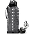 AQUAFIT 64 oz Water Bottle with Time Marker - 2in1 Straw & Chug Lid - BPA Free Big Water Bottle with Straw - Gym Water Bottle with Strap - Water Jug (64 Ounces, Gray)