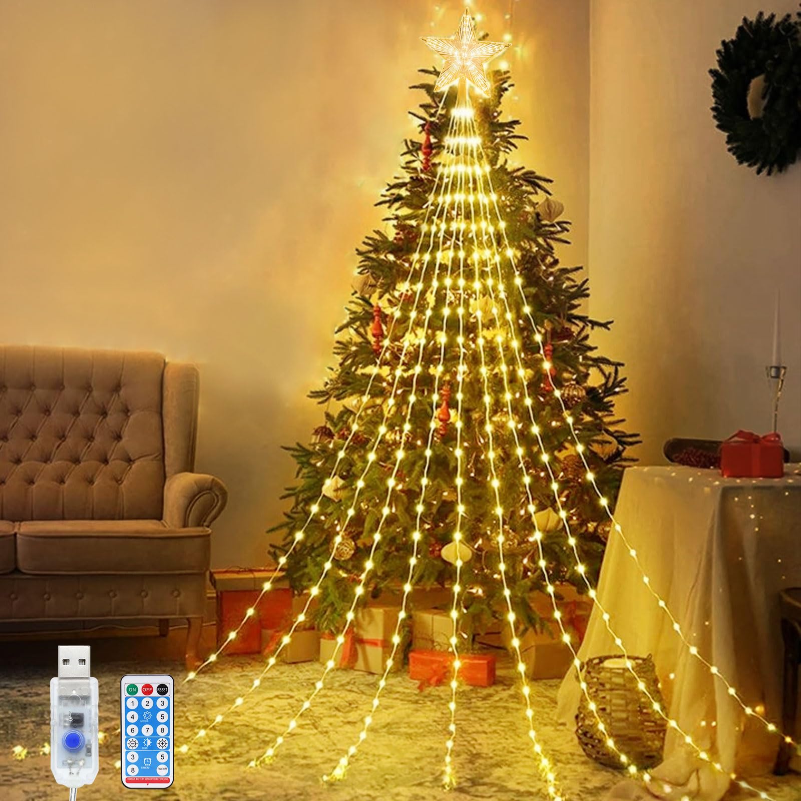 Christmas Star Lights LED Waterfall Christmas Lights, 2M x 9 Strand Waterfall Tree Lights with Remote, Waterproof Waterfall Christmas Lights Outdoor for Garden, New Year, Party, Wedding Decor