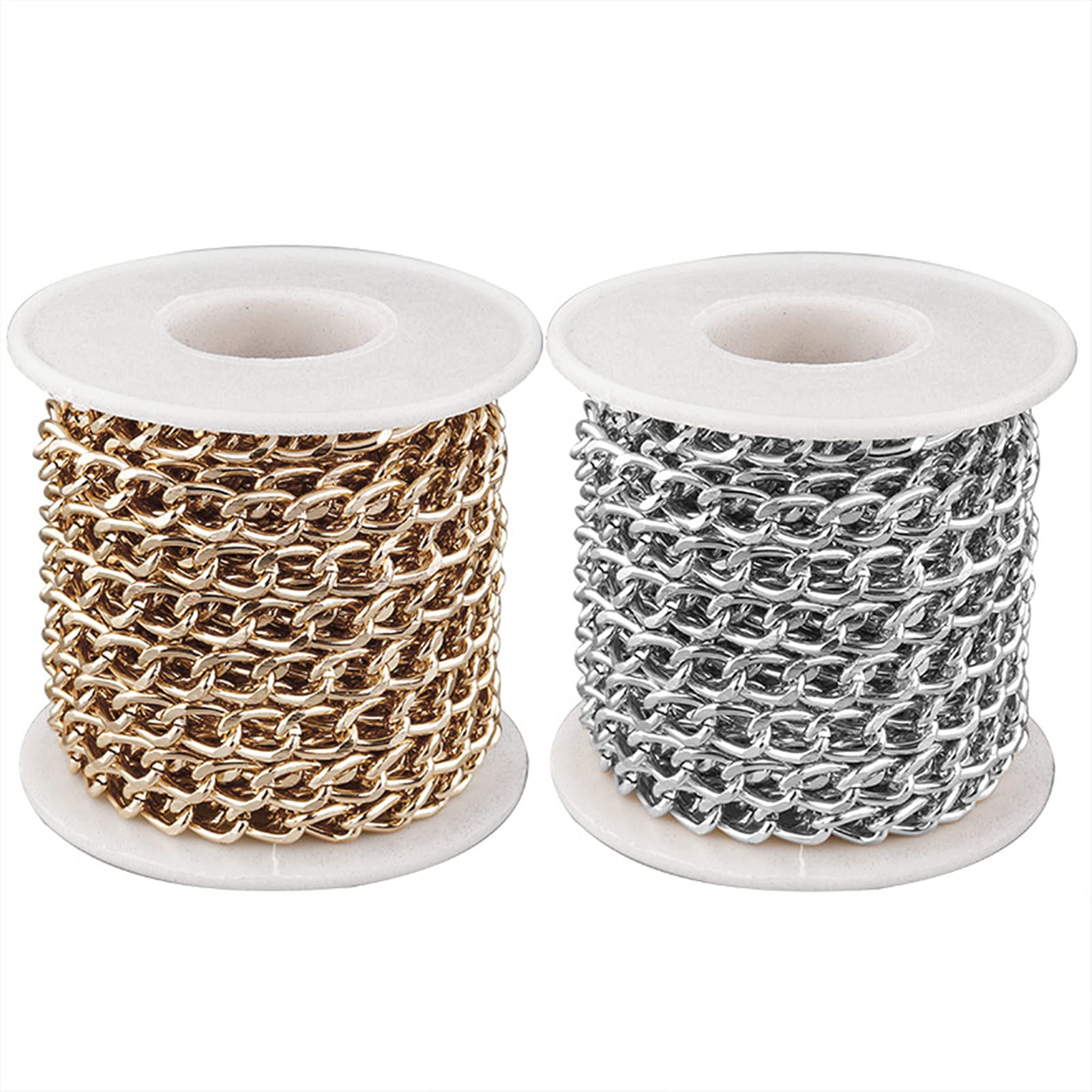 Jaydis 32.8 Feet Aluminum Curb Chains 2mm Twisted Links Cross Cable Chains Golden & Silver Plated with Spool for Pendant Necklace Jewelry Making