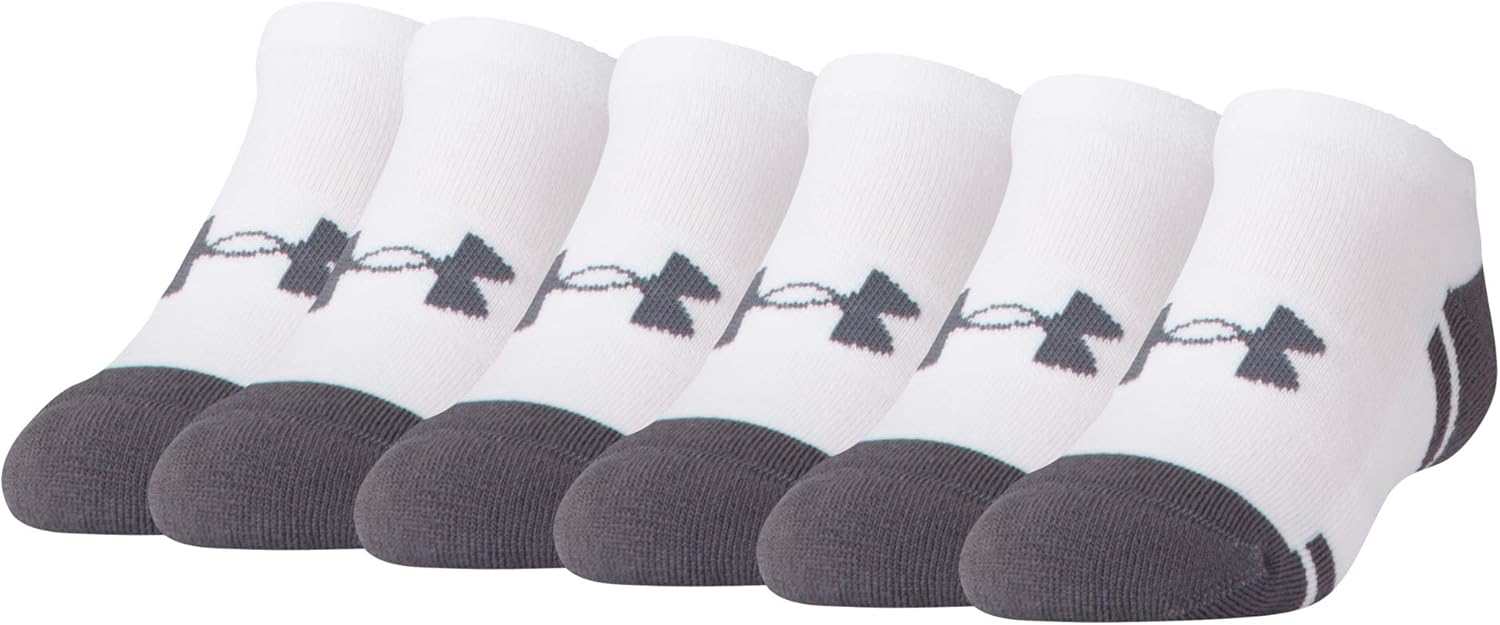 Under Armour Youth Resistor 3.0 No Show Socks , White/Graphite (6-Pairs) , Shoe Size: Youth 13.5K-4Y: Clothing