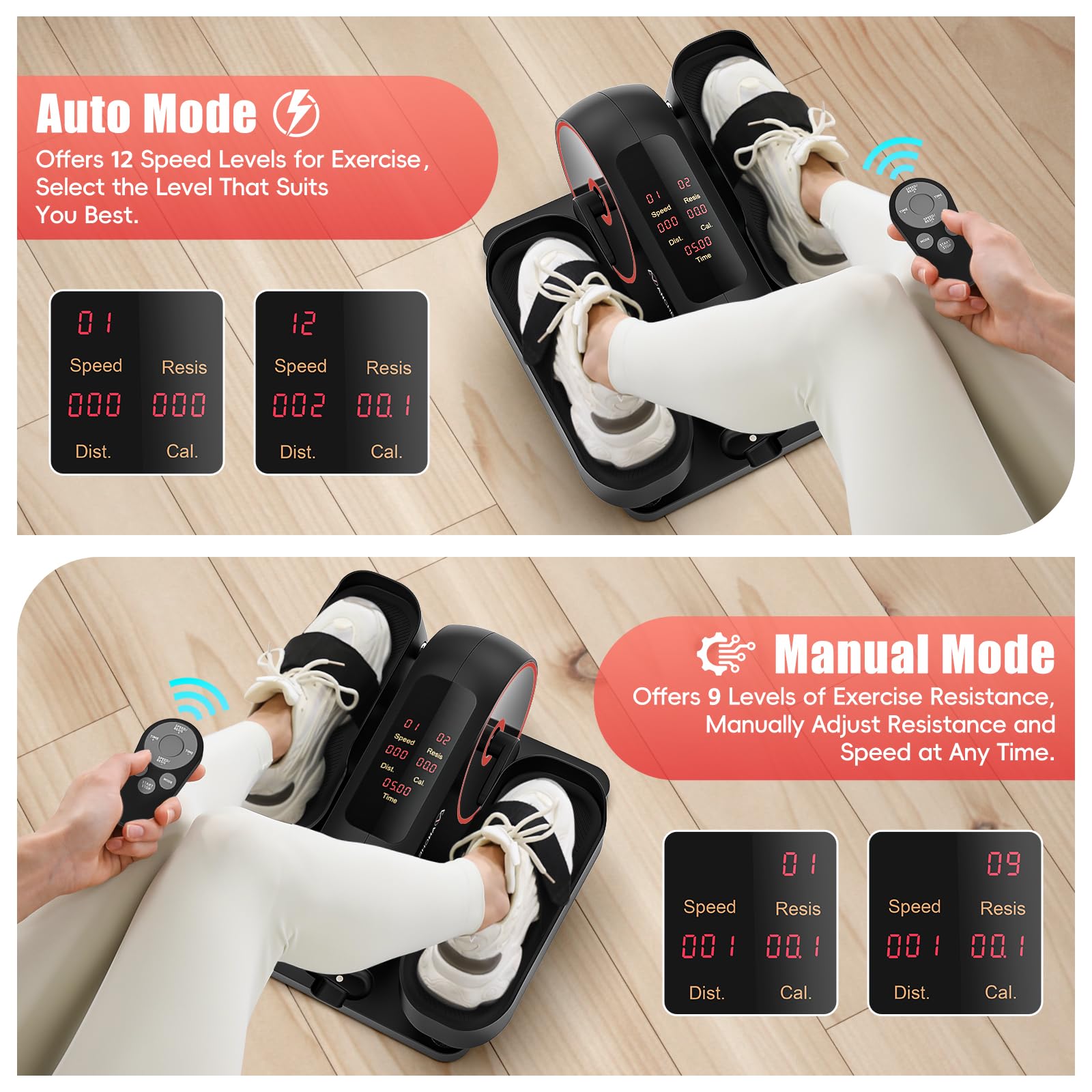 ANCHEER Under Desk Elliptical Machine, 2-in-1 Mini Exercise Bike, Digital Display, 9 Resistance Levels, 12 Speed Levels, Active and Auto Modes, Silent Operation