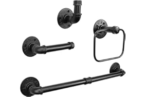 Jeasor 4-Pieces Industrial Pipe Bathroom Towel Ring Kit DIY Wall Mount Accessories Kit Includes Robe Hook Towel Bar and Towel Ring (18 inch)