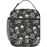 ainori Reusable Gothic Lunch Box for Kids Girls Boys Women Adult, Insulated Skull and Black Grey Rose Lunch Bag,Polyester Cooler Goth Handbags Case for School Picnic Work Travel Beach or Hiking