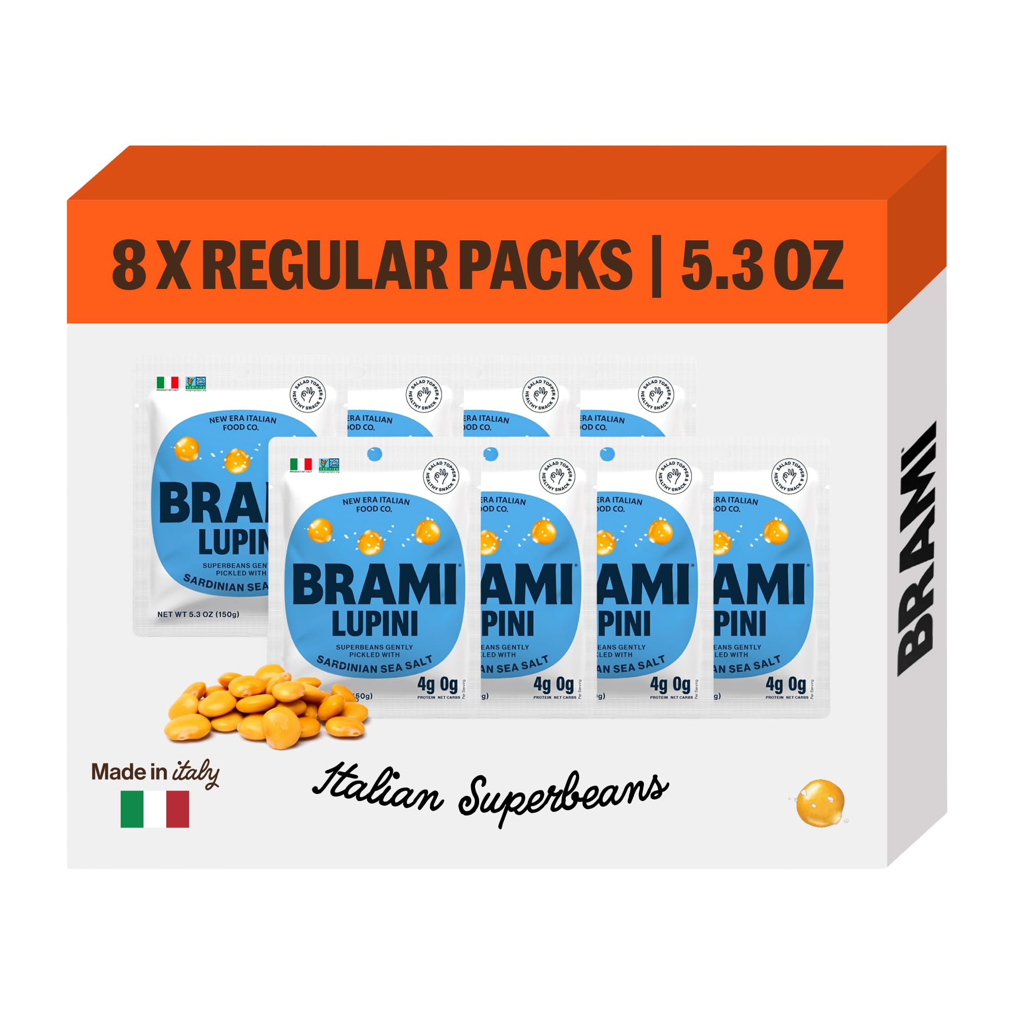Photo 1 of **EXP: 01/28/2027 ** BRAMI Lupini Beans Snack, Sea Salt & Vinegar | 7g Plant Protein, 0g Net Carbs | Vegan, Vegetarian, Keto, Mediterranean Diet | 5.3 Ounce (8 Count)