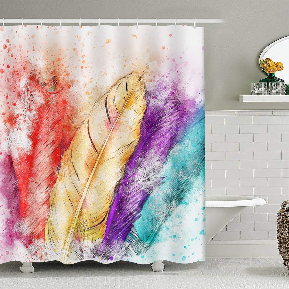 EARVO Rainbow Feather Shower Curtain Splashing Pigments Watercolor Style Bath Sets with 12 Hooks 72x72 inches Durable Polyester for Apartment Home Art Decor EADS1142-72