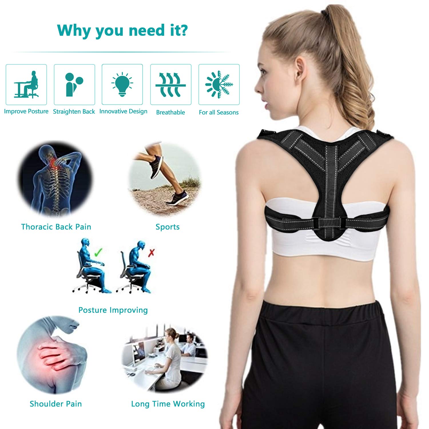 Posture Corrector for Men Women Upper Back Straightener Brace for Clavicle Support Adjustable Shoulder Brace for Posture Correction and Pain Relief from Neck, Back and Shoulder (Black, one Size)
