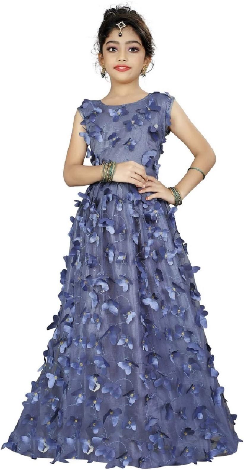 VR2 Girl's Net Anarkali Gown(Grey, Free Size)