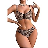 SHENHE Women's 2 Piece Sexy Leopard Lingerie Set Wireless Bra and Panty Thong Set