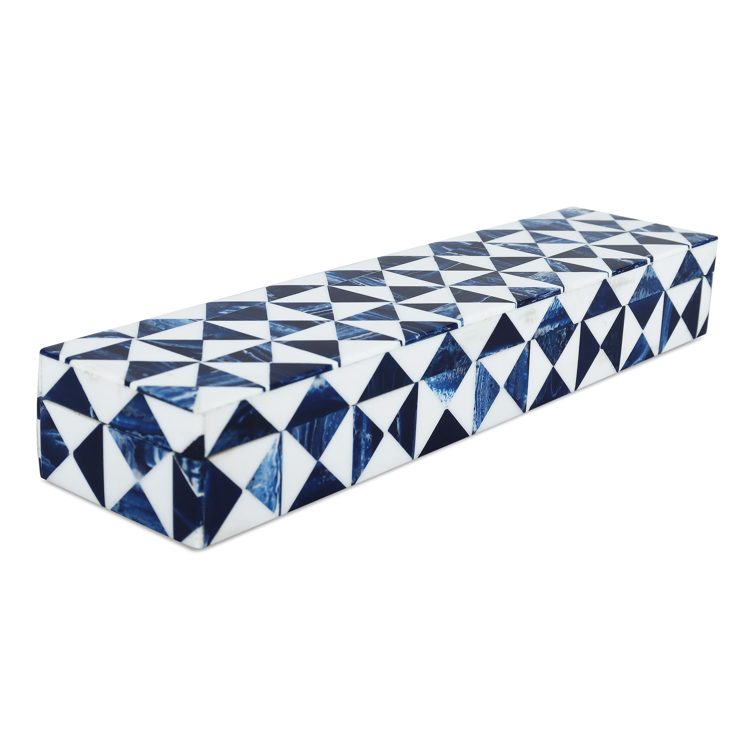 Handicrafts Home Blue and White Decorative Storage Box with Lid, Slim Remote Control Holder Box, Handmade Resin Inlay Wooden Box, Coffee Table Organizer, Small Keepsake Storage Box (10x2.5x1.5 Inch)