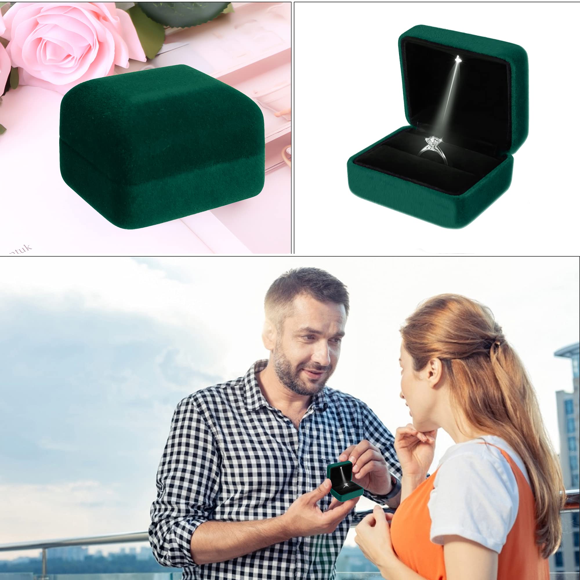 Velvet Ring Box LED Light Jewelry Gift Box Engagement and Wedding Ring Box for Presentation (Dark Green)