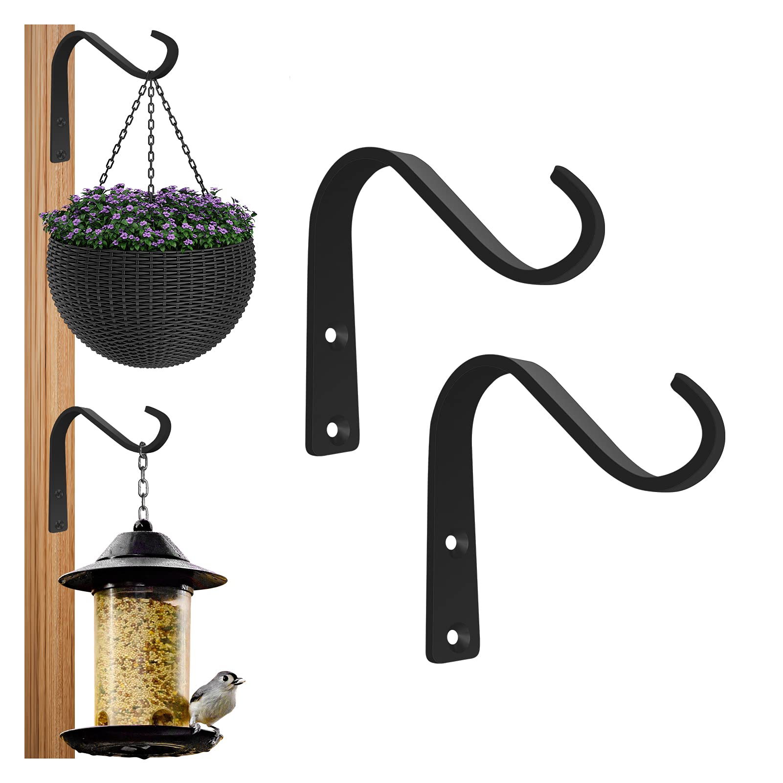 BEVIEVER Decorative Cast Iron Plant Hooks for Hanging Plants Bird Feeders Outdoor, 5 Inch Wall Plant Hangers Indoor, Hanging Basket Brackets 4 Pack