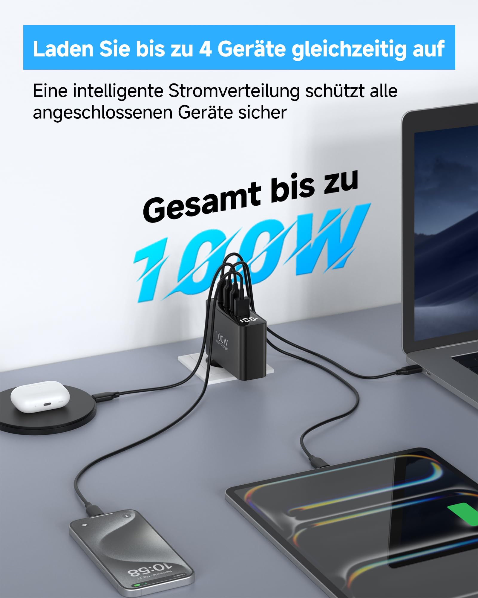 100W USB C Ladegerät, 4-Port Schnellladegerät mit LED Display, USB-C Netzteil GaN Charger PD/PPS für MacBook Pro/Air, für iPhone 17/16 Pro/iPad, Galaxy S25/S24, für HP/Lenovo/Acer/Lpatop, Schwarz 4