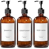 GMISUN Glass Shampoo and Conditioner Dispenser, Shower Soap Dispenser Bottles with Labels, Refillable Shampoo Conditioner Body Wash Dispensers, Amber Glass Soap Pump Dispenser Set for Bathroom Shower