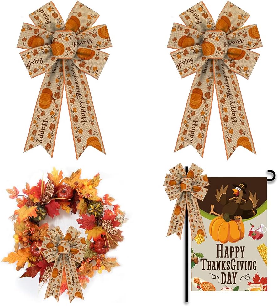 Bows & Ribbons - ALIBBON 2Pcs Fall Bows for Wreaths, Thanksgiving Wreath Bows, Orange Bows, Pumpkin Leaves Words Bows for Front Door, Fall Thanksgiving Decor, Burlap Bows for Wreath Indoor Outdoor Wall Decorations