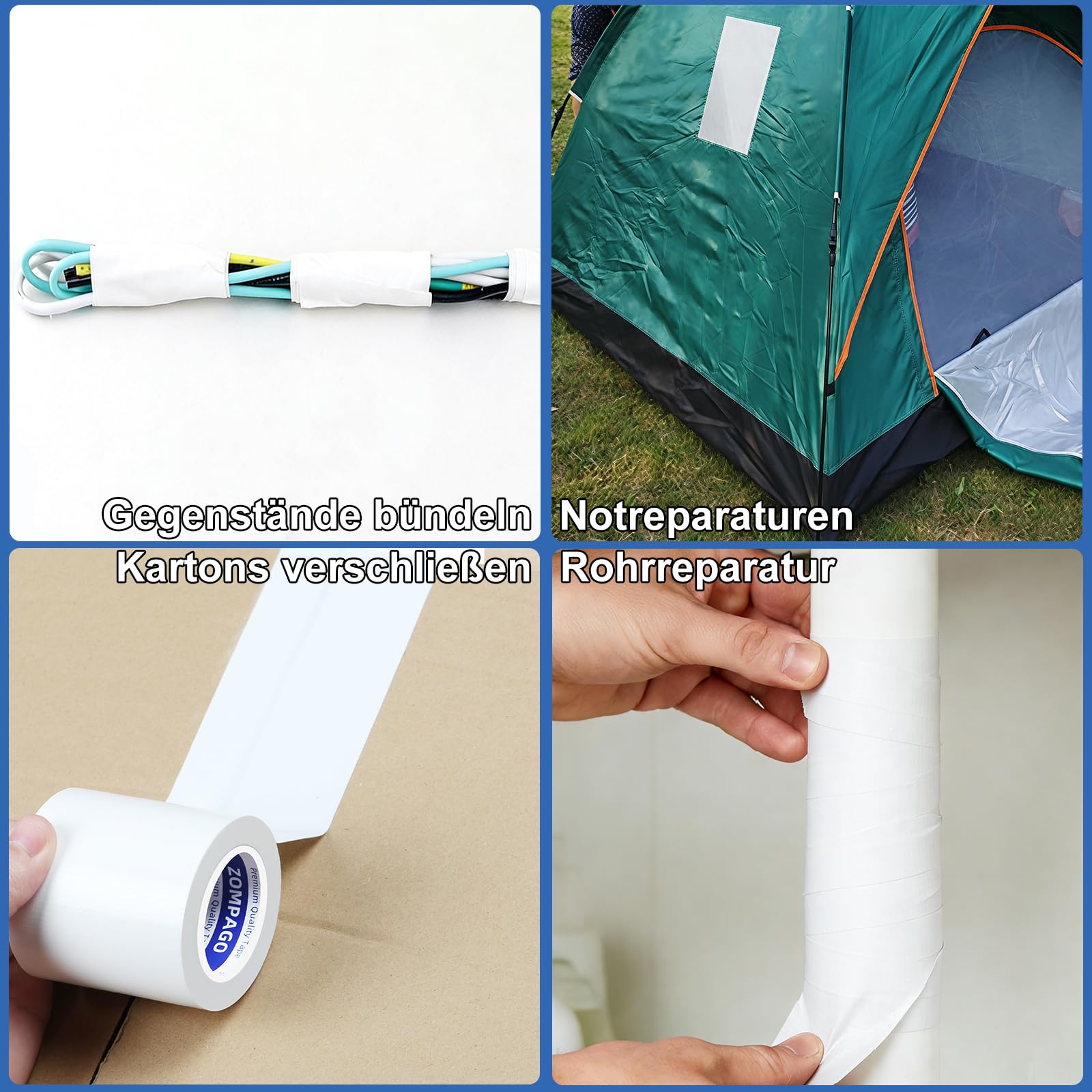 ZOMPAGO Panzertape, 45mm x 10m, Starkes Gewebeband 280μm, Wasserdichtes, Handreißbar Klebeband zum Reparieren, Befestigen, Bündeln, Verstärken oder Abdichten, Weiß 2