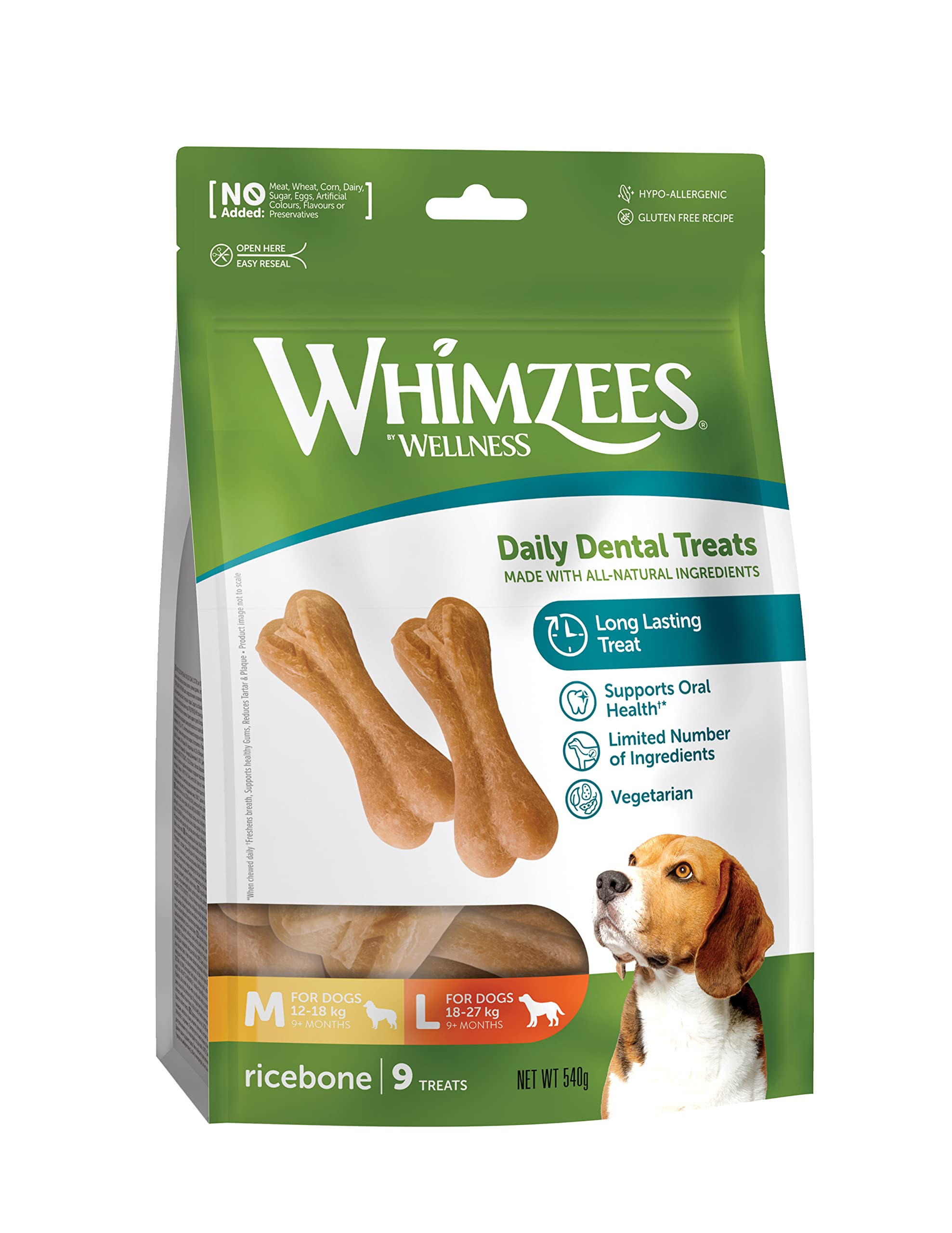 WHIMZEES Rice Bone M/L, 9 Pieces – Dog Dental Stix, Size M/L, Dog Dental Sticks for Medium and Large Breeds, Natural and Grain Free, Rawhide-Free, Vegetarian, No Added Sugar