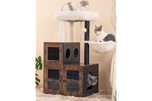 Fourfurpets Multipurpose Litter Box Enclosure with Cat Tree, Acrylic Doors and Windows, with Large Platform, Cat House, Full Sisal Posts, Removable Washable Cushion, Rustic Brown
