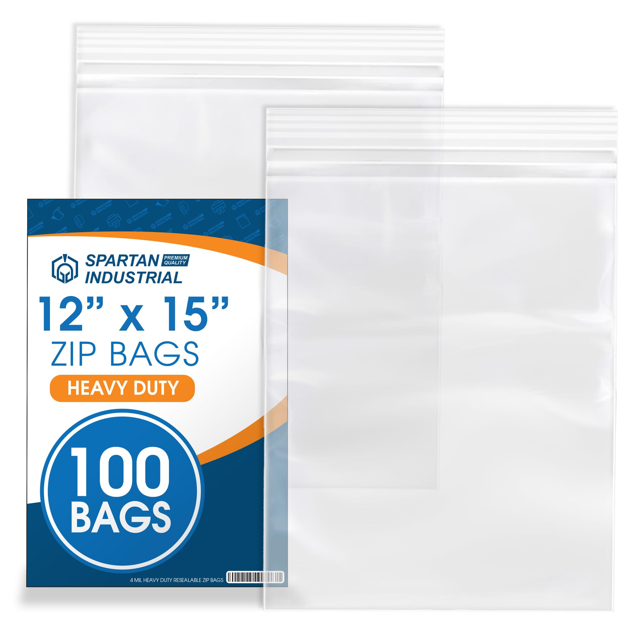 Photo 1 of Spartan Industrial - 12” X 15” (100 Count) 4 Mil Thick Clear Reclosable Zip Plastic Poly Bags with Resealable Lock Seal Zipper - Heavy Duty and Durable