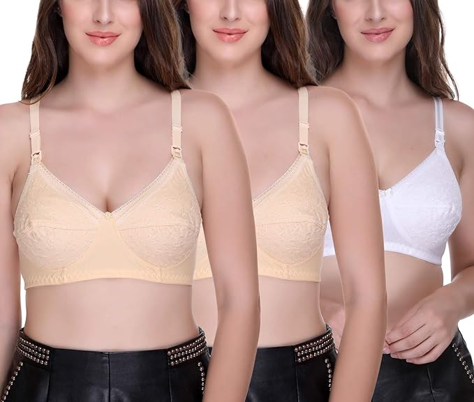 Women's Feeding Bra Full Cup Hosiery Cotton Breastfeeding Nursing Maternity (Multicoloured) Combo Pack of 3