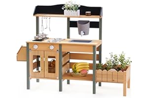 ROBUD Outdoor Mud Kitchen Set for Kids, Wooden Pretend Play Kitchen with Plant Growing Box, Real Faucet, Sink, Toy Accessorie