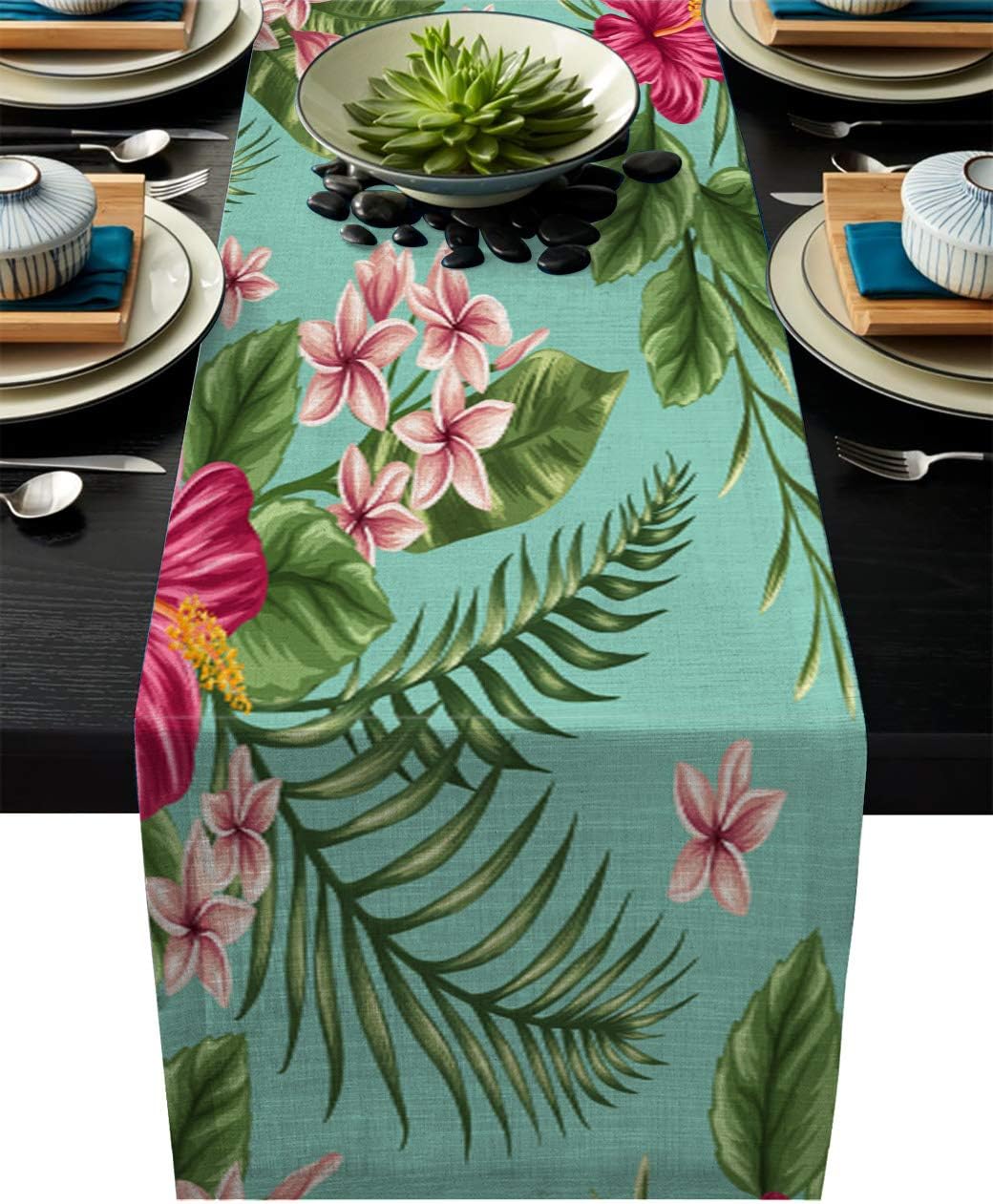 Greeeen Cotton Linen Table Runner, Tropical Kitchen Table