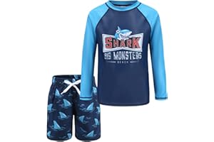 AISYEE Boys Two Piece Rash Guard Swimsuits Set with Swim Trunk Kids Long Sleeve Bathing Suit Swimwear Set