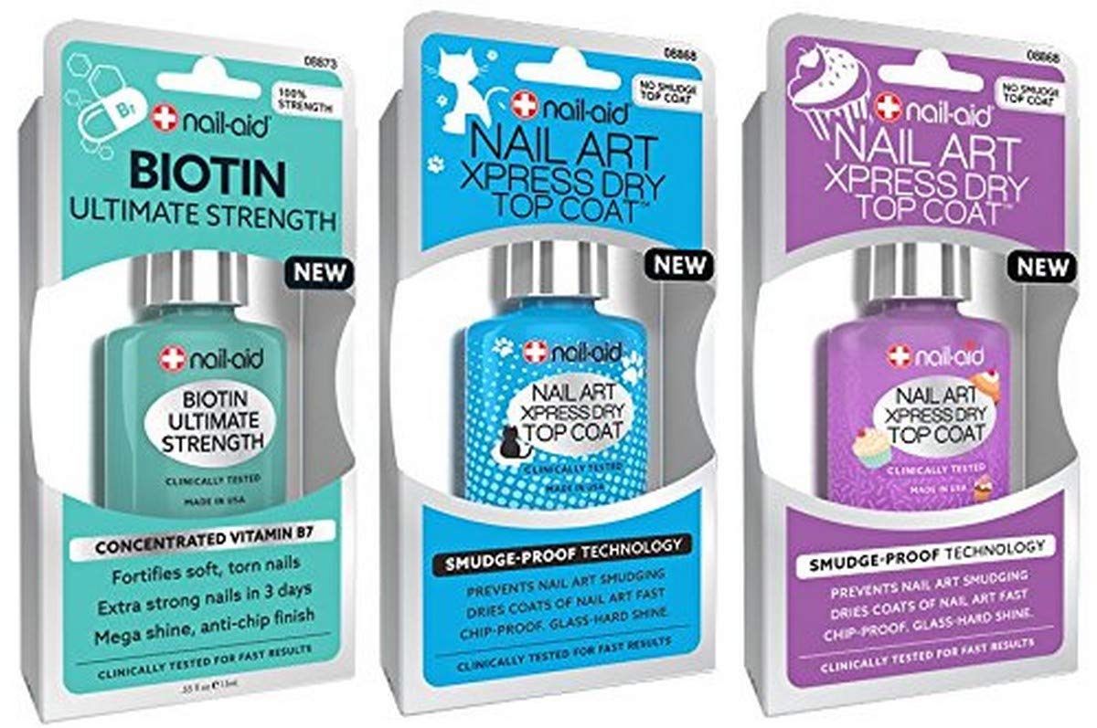 NAIL-AID Biotin Base Coat + Nail Art Xpress Dry Top Coat, Clear, 3 Count : Beauty