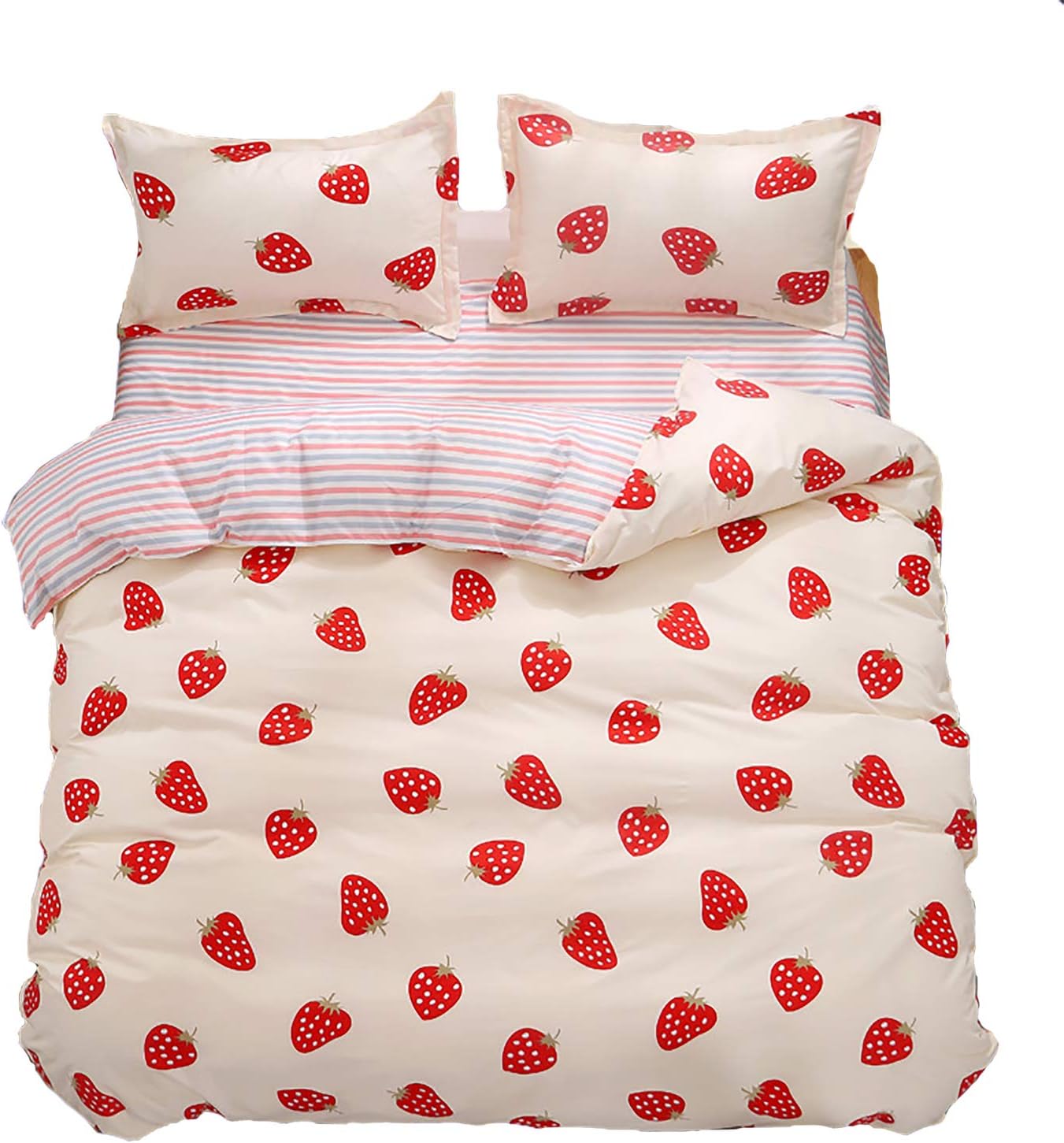 AIRCART Bedding Collection Polyester Duvet Cover Set Pink Strawberry Queen Size | 4 Pieces Reversible Lightweight Comforter Cover Set | 2 Pillow Case and 1 Bedspread | Breathable | Easy to Wash