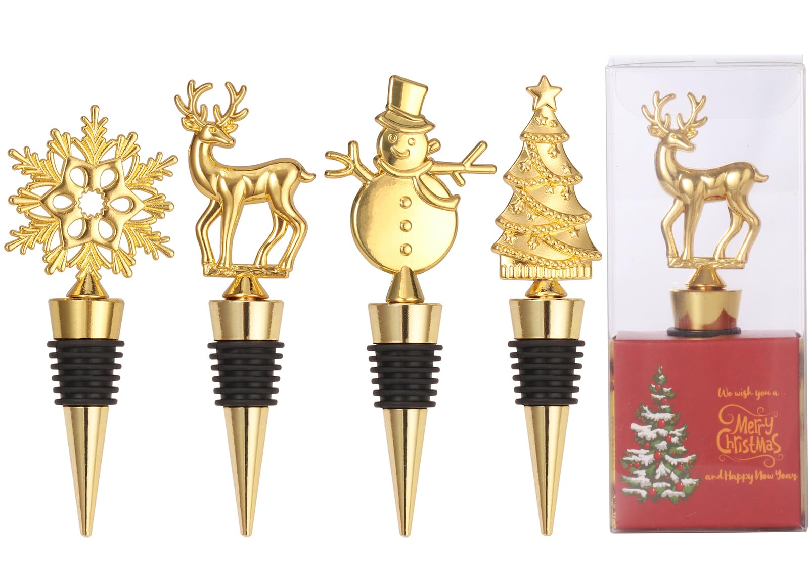 Set of 4 Alloy Wine Bottle Stoppers - Reusable, Decorative, Perfect for Christmas Party Favors (Gold)