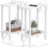 TUTOTAK Small End Table with Charging Station, Narrow Side Table with USB Ports and Outlets, Set of 2, Skinny Sofa Table, Slim Nightstand, Living Room, Bed Room, White TB01BW0602