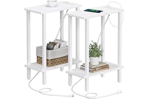 TUTOTAK Small End Table with Charging Station, Narrow Side Table with USB Ports and Outlets, Set of 2, Skinny Sofa Table, Slim Nightstand, Living Room, Bed Room, White TB01BW0602