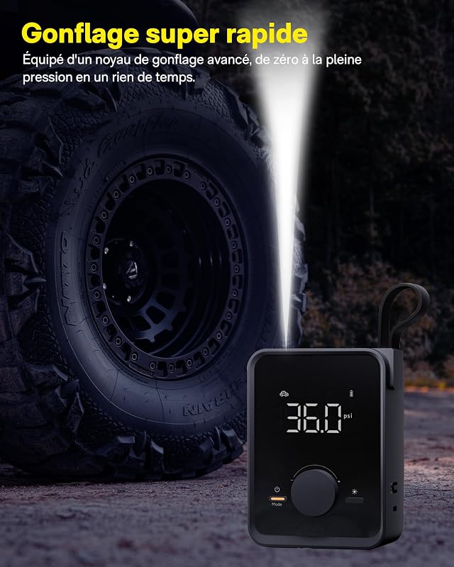Gonfleur pneus pro 120PSI 12V DC 7500mAh, compresseur air portable LED