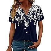 LOMON Womens Tops Dressy Casual V Neck Short Sleeve Shirts Summer Pleated Blouses Button Down Tunic Loose Fit